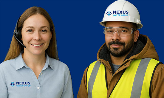 Portrait of two Nexus employees: a customer service agent, and field worker.